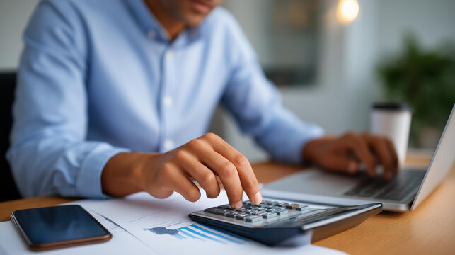 Business manager calculating financial numbers at organized desk with laptop and smartphone in office tracking budget and revenue data calculator accounting manager calculating