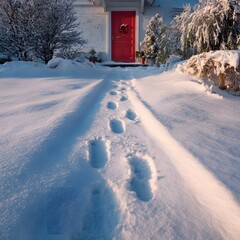 Santa's Footprints in the Fresh Snow Leading to a Red Front Door