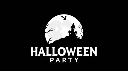 Halloween party graphic featuring a haunted house silhouette against a full moon with a flying bird.