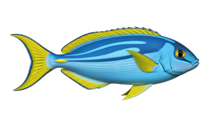 Isolated Blue Fish in Side View with Yellow Fins, Marine Wildlife Sea Creature Render