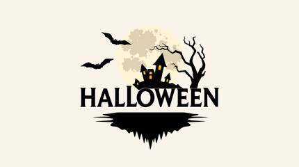 A spooky Halloween logo featuring a haunted house, bats, and a bare tree against a cloudy sky.