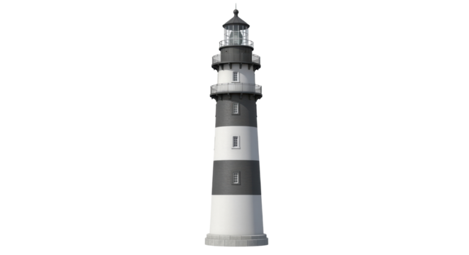 Isolated striped lighthouse on island seaside coastal scene marine landmark construction