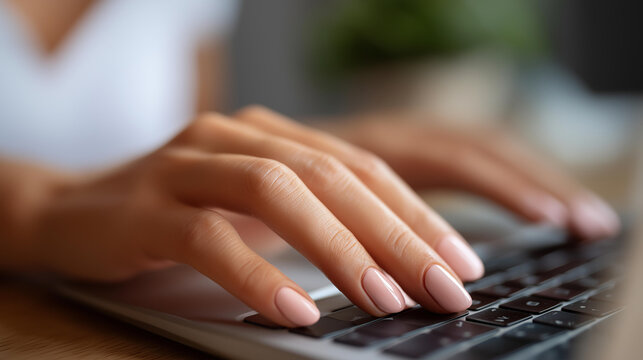 Close up of female hand with stylish nail art using laptop touchpad for online shopping and e commerce website navigation female hand laptop touchpad online shopping nail art