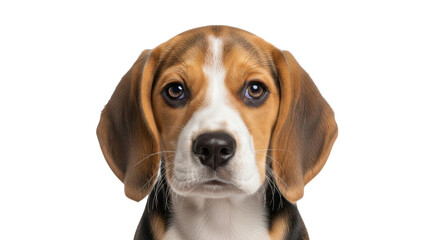 Isolated beagle puppy looking at the camera, with a smooth shiny coat and floppy ears