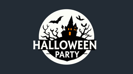 Silhouette of a spooky castle, bats, and bare trees against a full moon, announcing a Halloween party.
