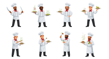 Diverse Cartoon Chefs Holding Food on Serving Trays.
