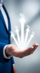 Businessman's hand holding bright glowing arrows pointing upwards symbolizing growth success innovation and technology concept