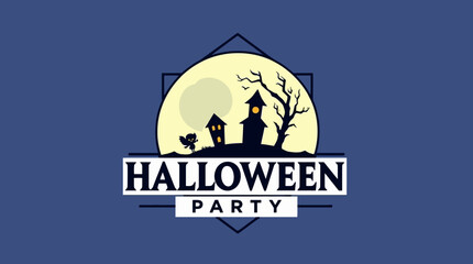 Halloween party graphic featuring a haunted house silhouette against a full moon on a blue background.