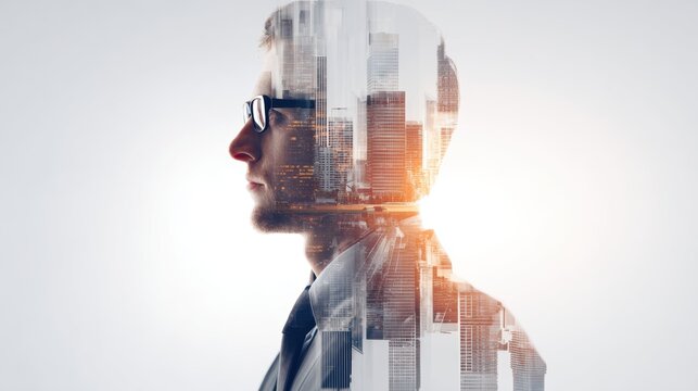 Man with glasses and city overlay