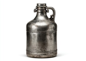 Aged metal jug against white background.  A weathered,  gray-tinted metal jug,  likely for liquids,  with a  handle and  screw-on cap.  Visible texture on the surface