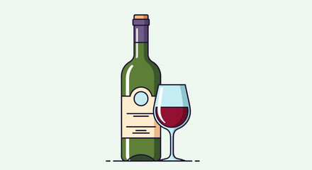 Illustration of a green wine bottle with a blank label and a glass of red wine, against a light background.