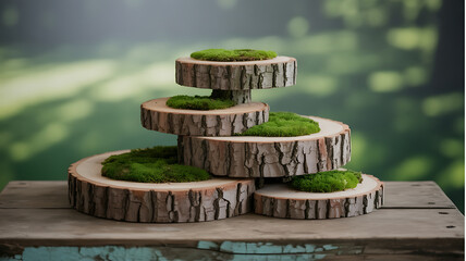 Rustic Wood Slice Display Stand with Moss for Product Showcase, Natural Wooden Pedestal for Eco-Friendly Branding and Sustainable Product Presentation