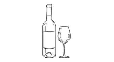 Simple line drawing of a wine bottle with a blank label and an empty wine glass.
