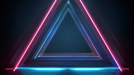 Layered triangles of neon lights glow in pink, blue, and cyan hues against darkness