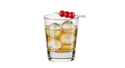 Isolated cocktail with ice and maraschino cherries on a silver pick, perfect for serving