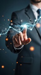 Businessman's hand interacting with futuristic digital network interface glowing with blue light and particles