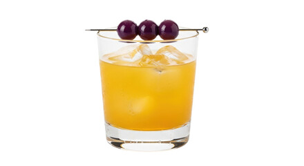 Isolated cocktail with ice cubes and three purple grapes on metal skewer as a garnish
