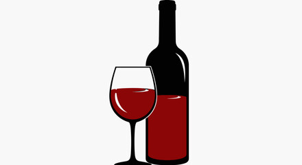 Illustration of a wine bottle and a glass filled with red wine against a white background.
