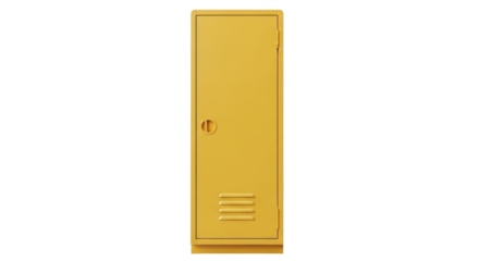 Isolated golden-colored metal school locker, modern storage unit with door and vents