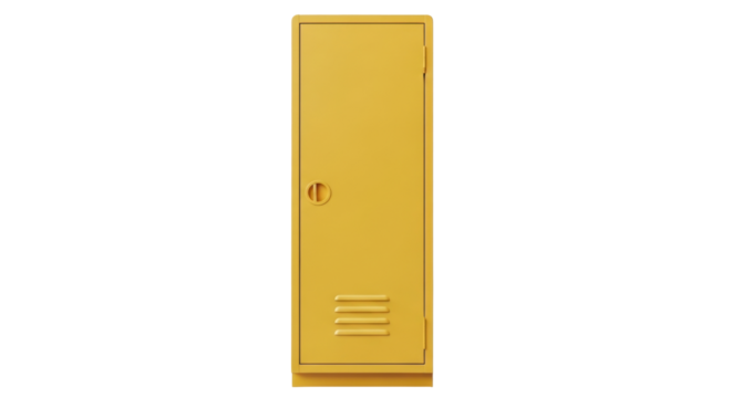 Isolated golden-colored metal school locker, modern storage unit with door and vents