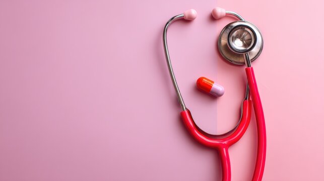 A stethoscope and a capsule on a pink background, symbolizing healthcare and medicine. - Powered by Adobe