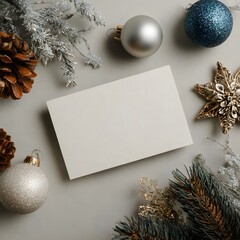 Christmas Holiday Mockup with Blank Card, Ornaments, and Pine Cones