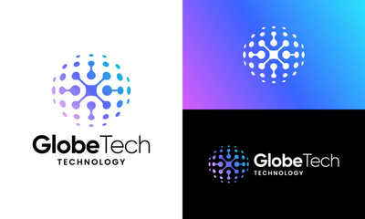 Globe ​​tech logo design. Abstract globe vector design with technology system connection and abstract dot, data, molecule and system style graphic icon symbol