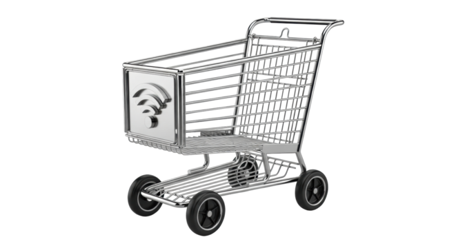 Isolated metallic shopping cart with wifi symbol, a symbol of online shopping convenience