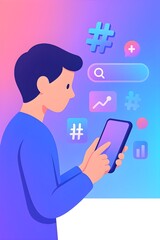 Modern flat vector illustration of a young person holding a smartphone, surrounded by trending search icons such as hashtags, magnifying glass, charts, and notifications. Minimalist design with vibran