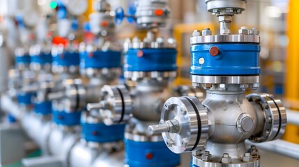 Obraz premium Industrial valves in a factory setting. Metallic valves with blue accents are aligned in a row. The background shows blurred machinery and equipment.