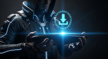 Cyberpunk hacker downloading data with futuristic interface and glowing blue download icon glowing cyberpunk future