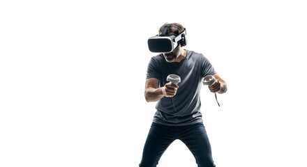 A man immersed in virtual reality gaming, experiencing a digital world with a VR headset and controllers