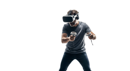 A man immersed in virtual reality gaming, experiencing a digital world with a VR headset and controllers