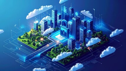 Digital cityscape design with data security lock protecting smart city network - Powered by Adobe