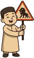 Cute Muslim Boy Cartoon Holding Lion Warning Sign