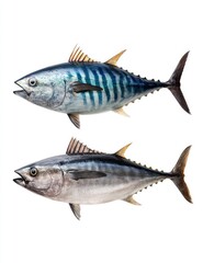 Two tuna fish, side-by-side, against a white background.  One is dark blue with horizontal stripes, the other a lighter gray.  Both are whole fish, with open mouths, and displayed in profile