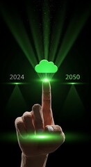Digital cloud computing future technology hand touching green cloud icon with futuristic rays and year labels 2024 2050
