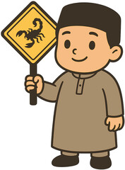 Muslim Boy Cartoon Holding Scorpion Warning Sign | Islamic Kids Safety Illustration