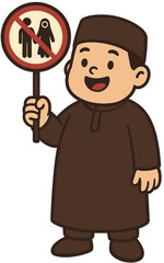 Muslim Boy Cartoon Holding No Men and Women Together Sign | Islamic Kids Rule Illustration