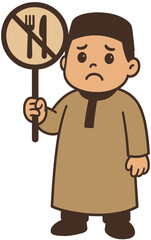 Sad Muslim Boy Cartoon Holding No Eating Sign | Islamic Fasting Illustration