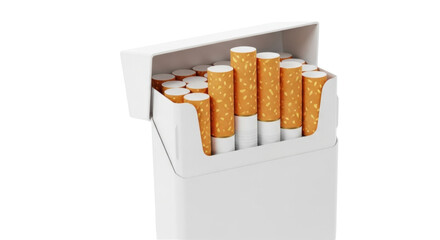 Isolated pack of twenty cigarettes with orange and white filter ready to use and smoke