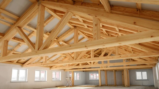 Interior view of a spacious room with wooden beams and trusses. Large windows allow natural light to fill the space. The walls are unfinished, showcasing raw materials.