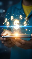 Digital currency finance growth and investment success glowing dollar signs on smartphone screen technology concept