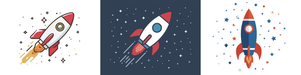 Brightly colored rockets take off against a dark night sky filled with stars. Each rocket leaves a trail of fire, launching toward the unknown beyond Earth.