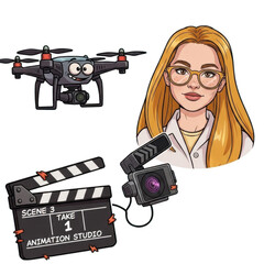 Cartoon illustration featuring a drone, woman, camera, and clapperboard.
