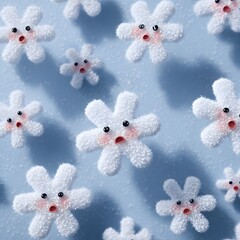 
Playful Winter Fun: A Whimsical Pattern of Fluffy Snowflakes with Funny Faces