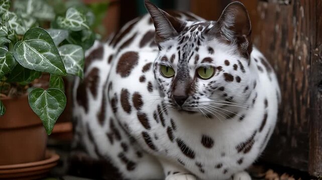 A unique cat with dalmatian spots sits outdoors.