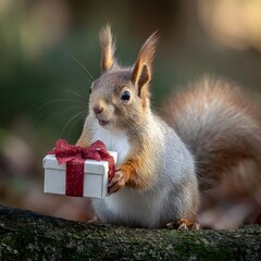 
A Tiny Surprise: An Adorable Squirrel Holding a Little Christmas Gift