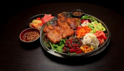 Fototapeta premium Assortment of Grilled Meats, Fresh Vegetables, and Sauces on a Platter