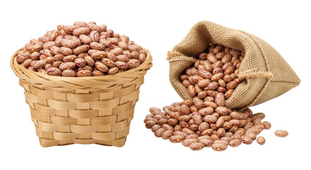 Isolated pinto beans in wicker basket and burlap sack, legumes, food ingredient, healthy diet